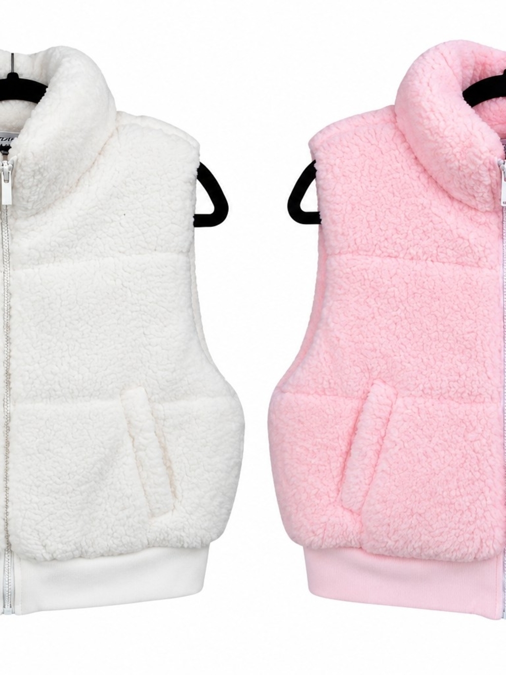 Womens Sherpa Vest - White & Pink Plush Zip Front. Lot Of 2